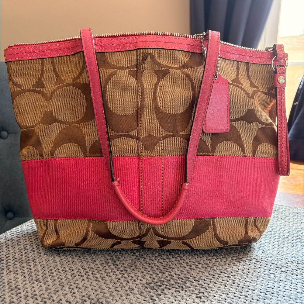 Coach Brown Signature Canvas Tote with Pink Accent
